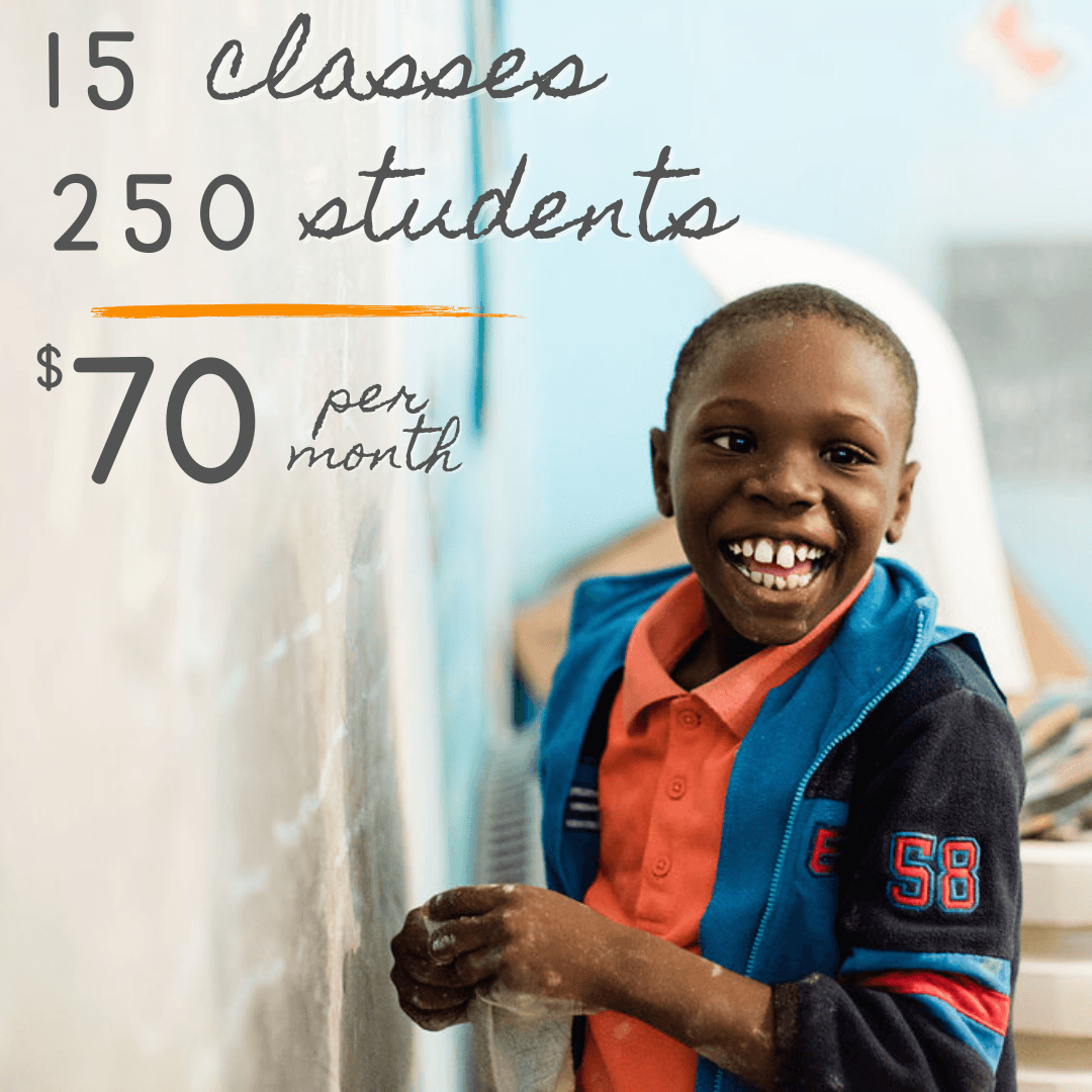 Photo of LIFE Academy Student in Special Education smiling with the text "15 classes, 250 students, $70 per month"